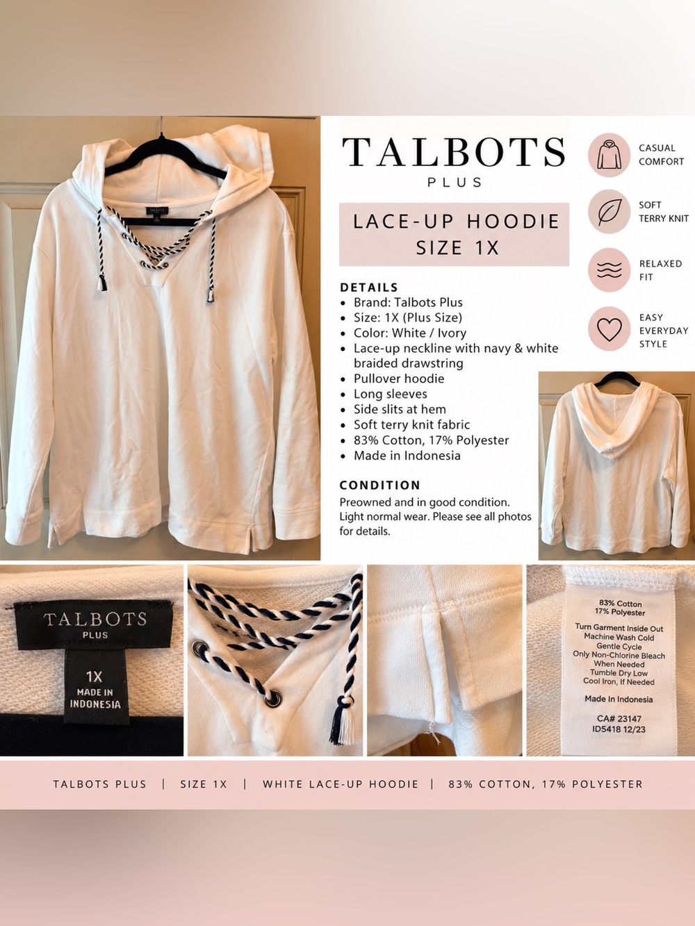 Talbots Plus White Lace Up Hoodie Size 1X Navy Nautical Drawstring